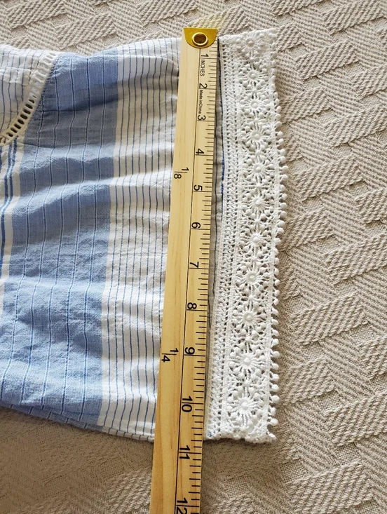 Democracy Blue Striped Boho Peasant Top with Red Embroidery and Lace Trim - Picture 7 of 14